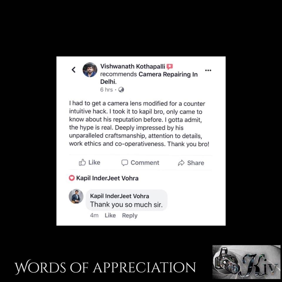 <p>I had to get a camera lens modified for a counter intuitive hack. I took it to Kapil bro, only came to know about his reputation before. I gotta admit, the hype is real. Deeply impressd by his unparalled craftsmanship, attention to details, work ethics and co-operativeness.</p>

<p>Thak you bro.</p>